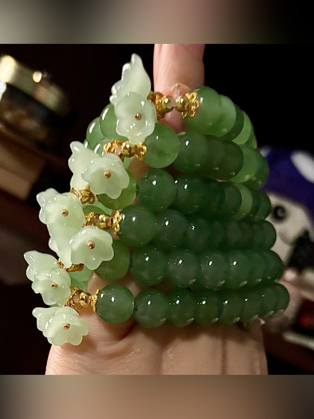 Green Jade Beaded Bracelet with Pale Jade Flower Charms
